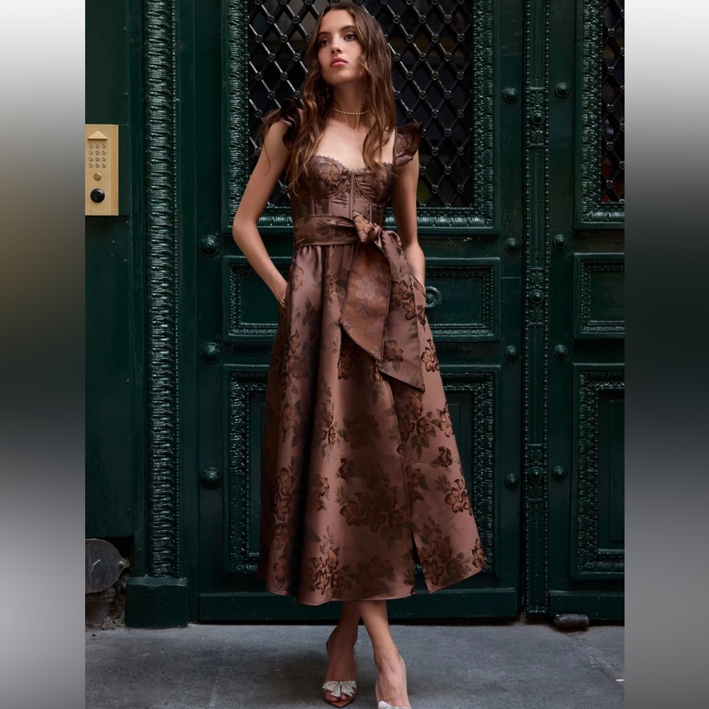 V. Chapman Vera Ruffle-Strap Corset Side-Slit Midi Dress - Cocoa Brown